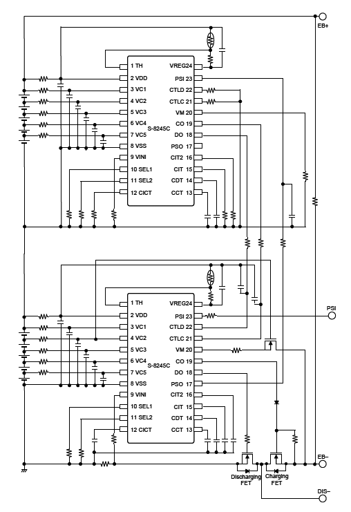 図S-8245Cシリーズを用いた10セル保護回路例